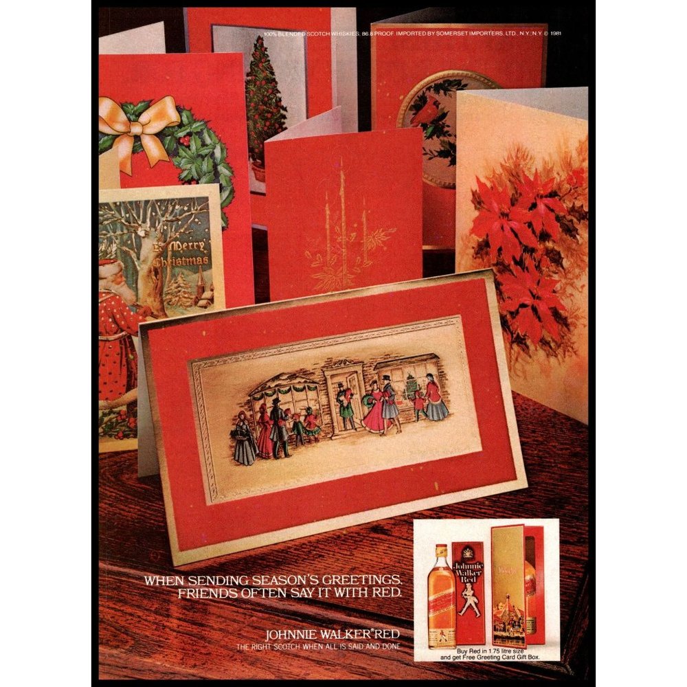 1981 Johnnie Walker Red Label Scotch Vintage Print Ad Christmas Cards Wall Art